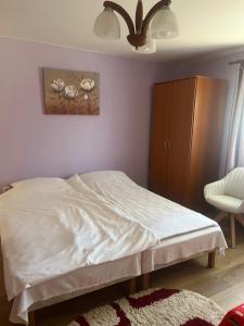 a bedroom with a white bed and a cabinet at Aranykéz vendégház in Şoimeni