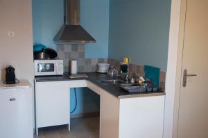 a small kitchen with a sink and a microwave at Apartamentos Comfort Calella in Calella