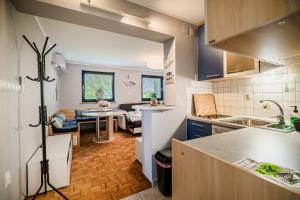 a kitchen with a table and a dining room at Vista Apartment With Hot Tub & Large Terrace in Leskovec pri Krškem