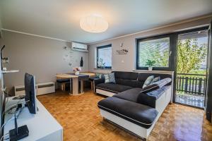 a living room with a couch and a tv at Vista Apartment With Hot Tub & Large Terrace in Leskovec pri Krškem