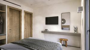 a bedroom with a bed and a tv on the wall at Clementina Hill in Naousa