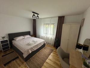 a bedroom with a bed and a window at Acasa la Coana Mare in Bălăneşti