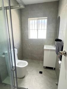 a bathroom with a toilet and a sink and a window at Spacious Queen Room - Train Station - NG5 in Guildford