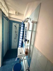 a bathroom with a shower and a toilet and a sink at Villa stella di mare in Capitana
