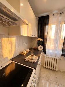 a kitchen with a counter top and a stove at Apartament w Centrum Prudnika in Prudnik