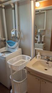 a bathroom with a sink and a toilet and a mirror at Bears Cottages in Furano +15 photos