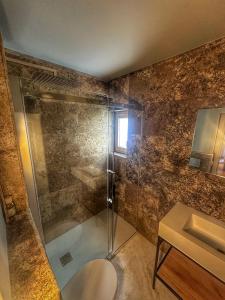 a bathroom with a shower and a toilet and a sink at La Casina Room in Castelmuzio +2 photos