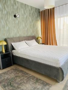 a bedroom with a large bed and a window at Debres Apartment Aiud in Aiud