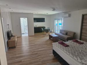 a living room with a bed and a couch and a table at Apartman EC Milica in Stapar