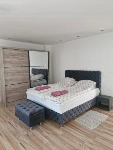 a bedroom with a large bed and a mirror at Apartman EC Milica in Stapar