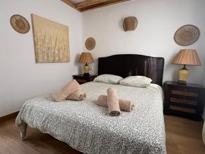 a bedroom with a bed with two stuffed animals on it at Casas Lapa in Costa Teguise +20 photos