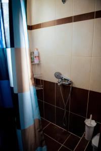 a bathroom with a shower with a shower curtain at Iris apartment 1 in Anaxos +19 photos