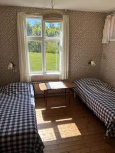 a bedroom with two beds and a table and a window at Örnafälla in Örnafälla