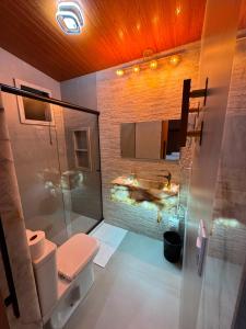 a bathroom with a shower and a sink and a toilet at Chalé lago Azul in Venda Nova do Imigrante