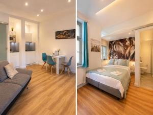 a bedroom and a living room with a bed and a couch at Villa Georgi in Leipzig