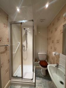 a bathroom with a shower and a toilet and a sink at The Trafalgar in Blackpool +50 photos
