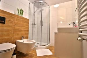 a bathroom with a shower and a toilet and a sink at Noclegi Onesto in Międzybrodzie Bialskie
