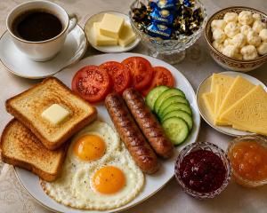 a plate of breakfast foods with eggs sausage tomatoes and cheese at Tau Saty in Saty +9 photos