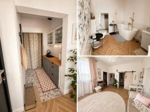 two pictures of a bathroom and a living room at LOG apartament in Dobrzewino