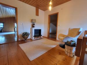 ein Wohnzimmer mit Kamin und Fernseher in der Unterkunft Waldglanz Loft in Freyung