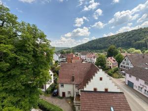 an aerial view of a town with houses and trees at Schloss Mühlen in Horb am Neckar
