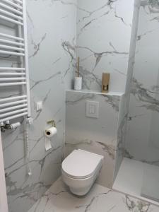 a bathroom with a white toilet and marble walls at Apartament Cysterski Pelplin in Pelplin +16 photos
