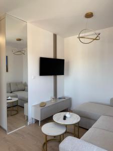 a living room with a couch and a tv at Apartament Cysterski Pelplin in Pelplin