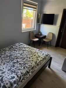 a bedroom with a bed and a table and chairs at POD BOROWIKIEM in Grzybowo