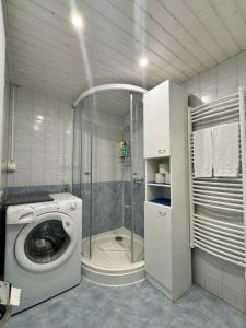 a washing machine in a bathroom with a shower at APARTMENT Alessio in Interlaken