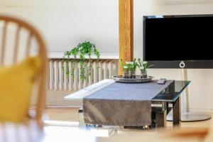 a living room with a table and a tv at Panoramablick Loft & Aktiv-Urlaub in Lichtenstein