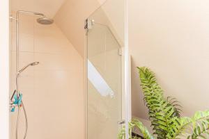 a shower with a glass door in a bathroom at Ostseeglück App Mittagsonne in Loddin