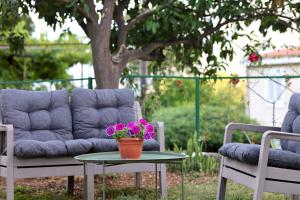 a couch and a table with flowers on a patio at Doricera in Kotor