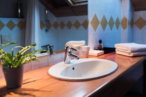a bathroom sink with a faucet on a wooden counter at Chalet Le Serre des Oiseaux in Saint-Chaffrey