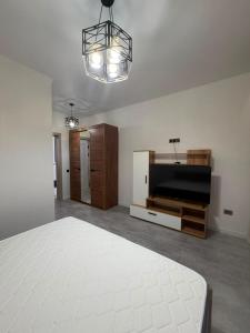 a bedroom with a bed and a flat screen tv at Kol-Ukok Hotel in Bol'shevik
