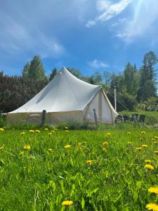 a white tent in a field of flowers at Lystang Camping & Cabins in Notodden