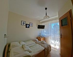 a bedroom with a bed and a large window at Willa Atrium in Jantar