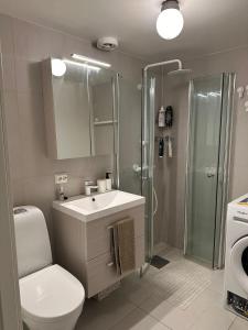 a bathroom with a toilet and a sink and a shower at Cozy apartment in Tananger close to the Airport in Tananger +1 photo
