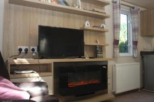 a living room with a television and a fireplace at Beauport Retreat in Hastings
