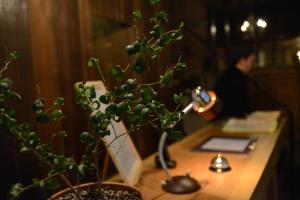 a woman taking a picture of a desk with a plant at The Deer Park Inn in Nara