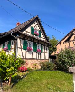 a house with green shutters and flowers on the windows at Gîte Chez Hanna et Michel 2 chambres in Morsbronn-les-Bains