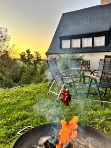 a grill with a fire in the grass in front of a house at Vila Vlasta in Bruntál