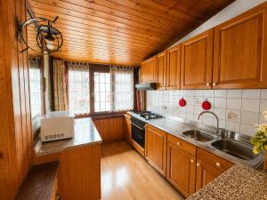 a kitchen with wooden cabinets and a sink and a stove at Zoncolan Mountain Lodge - Ride & Ski in Timau