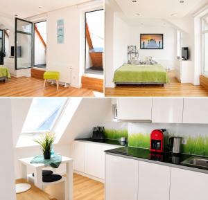 a kitchen with white cabinets and a green bed at Villa Georgi in Leipzig +4 photos