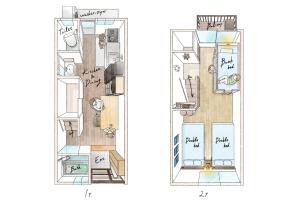 a drawing and a rendering of the floor plan of a condo at Atlantis Tengachaya - Whole house rental in Osaka
