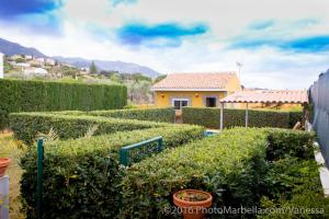 einen Garten mit Büschen und ein Haus im Hintergrund in der Unterkunft Villa Vanessa in Alhaurín de la Torre