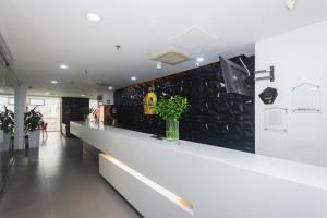 a lobby of an office with a counter with a plant at Hotel Piso 12 in Bello