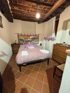 a bedroom with a bed with a purple comforter at Casa Didi in Cetona