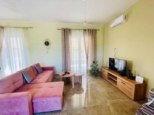 a living room with a pink couch and a tv at Stella Collection in Kranidi