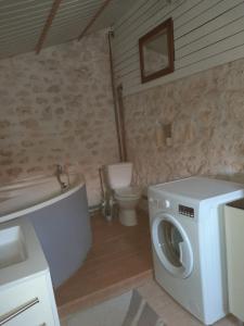 a bathroom with a washing machine and a toilet at Maison Vacances in Saint-Savinien