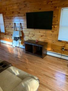 a living room with a flat screen tv on a wooden wall at Private with a Beautiful View House in Afton